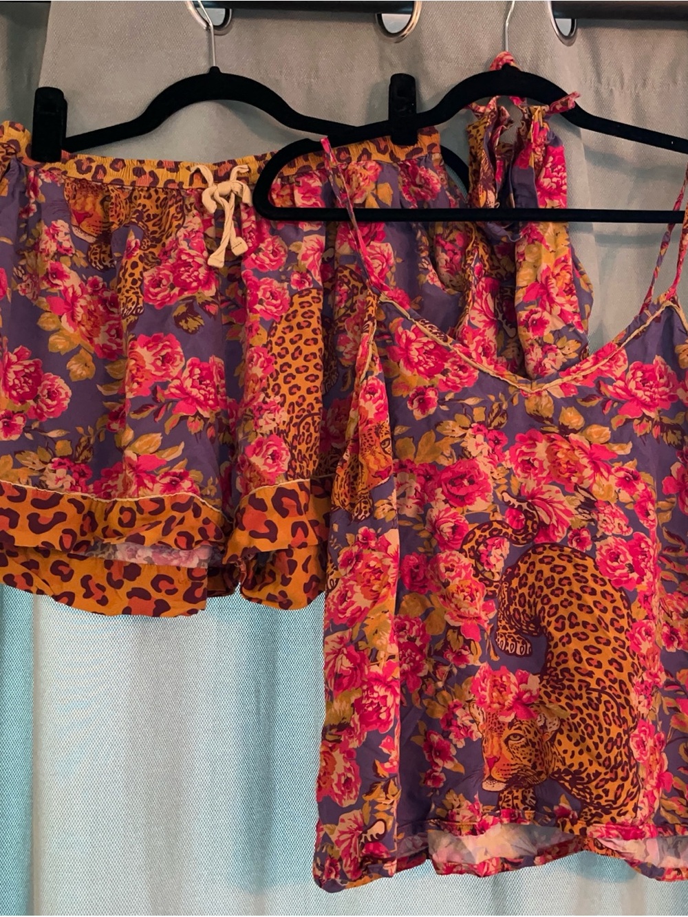 Floral & Leopard Print Two-Piece Set in Purple and Hot Pink Size L